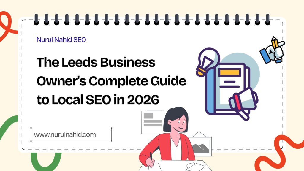 Local SEO in 2026 strategy map and search icons for a Leeds business owner's digital marketing guide.