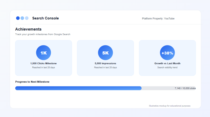 Google Search Console achievements report showing growth milestones