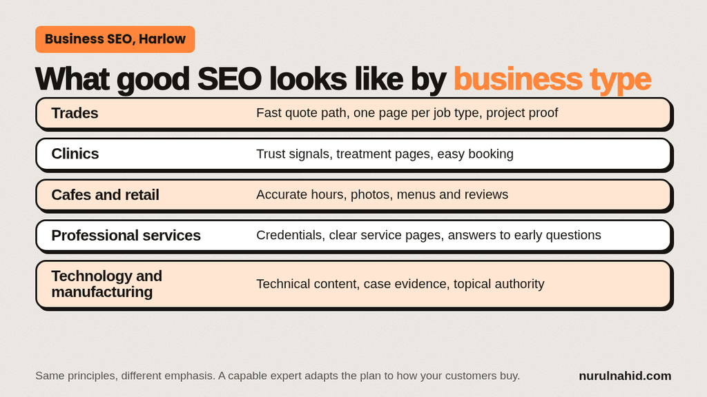 What SEO Looks Like for Five Harlow Business Types